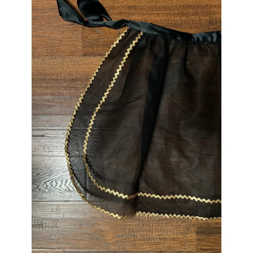 VTG Mid Century Sheer Black Half Apron Hand Painted Martini Cigarette Gold Trim
